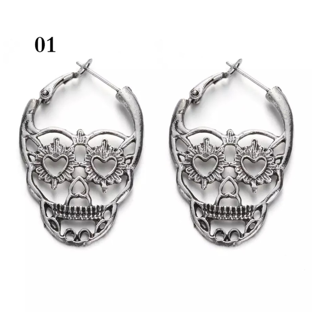 Silver Punk Rock Skull Earrings - Picture 4 of 8
